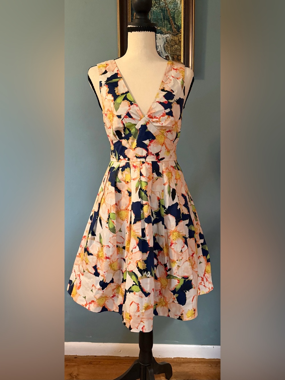 J. Crew Navy Floral V-Neck Fit-and-Flare Dress with Pink & Green Accents Size 00